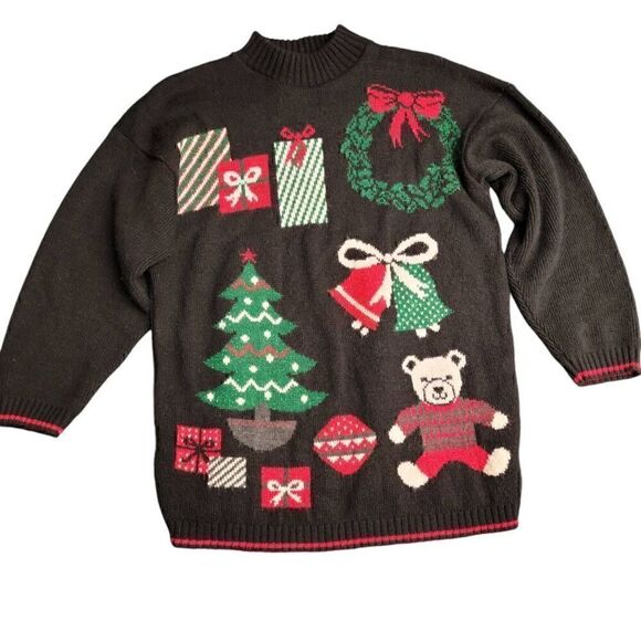 Ugly Christmas Sweater Oversized Black 3/4 Sleeve - Picture 1 of 5